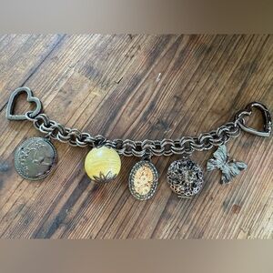 Black bag chain multi charm with heart connectors Butterfly flowers and locket